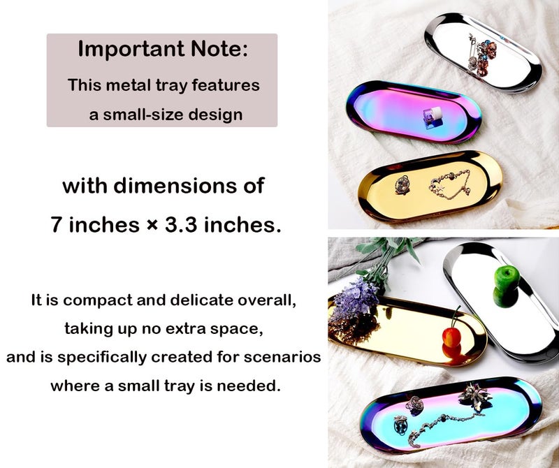 Fermus Stainless Steel Decorative Tray, Set of 2, 7 Inch Long, Jewelry Dish Cosmetics Organizer Bathroom Clutter Serving Platter Small Storage Tray, Oval, Gold - Image 4
